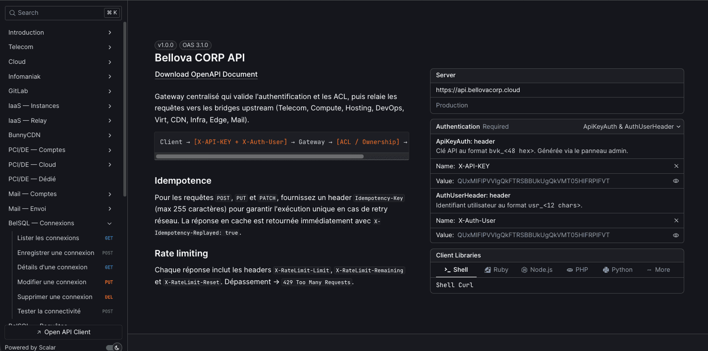 Documentation interactive de la Bellova API développée avec Laravel, Scalar et TypeScript. Interface Scalar listant les routes REST télécom, cloud, BelSQL, IaaS et O365 avec Redis pour le cache.