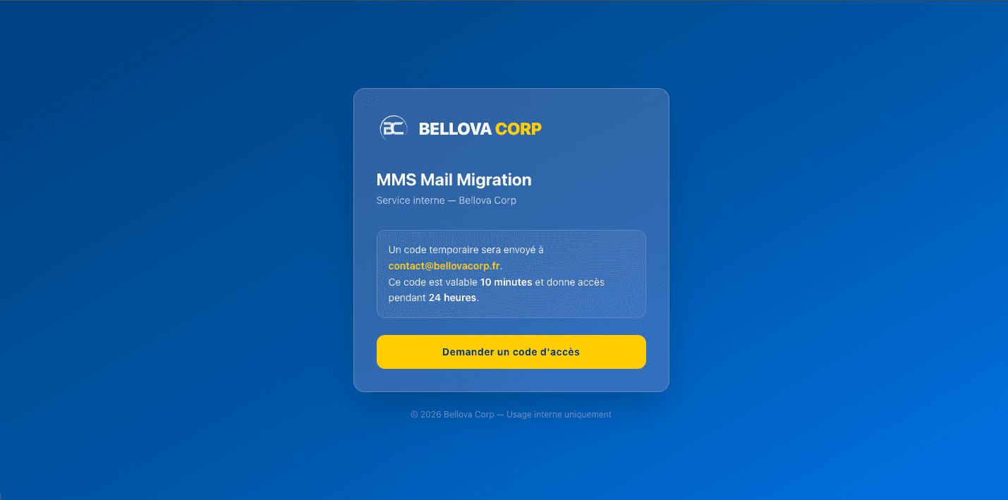 Interface de MMS Mail Migration Service, outil de migration de boîtes mail développé par Bellova CORP avec Next.js, React et Tailwind CSS. Transfert sécurisé IMAP vers Exchange ou Infomaniak.